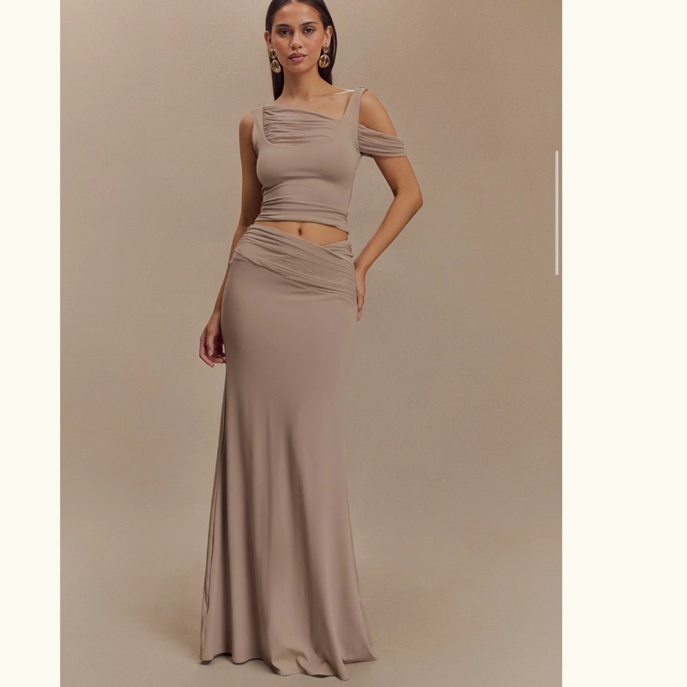 (SOLD) Meshki ~ Jules ~ Recycled Nylon And Mesh Maxi Skirt - Taupe - Picture 3 of 10